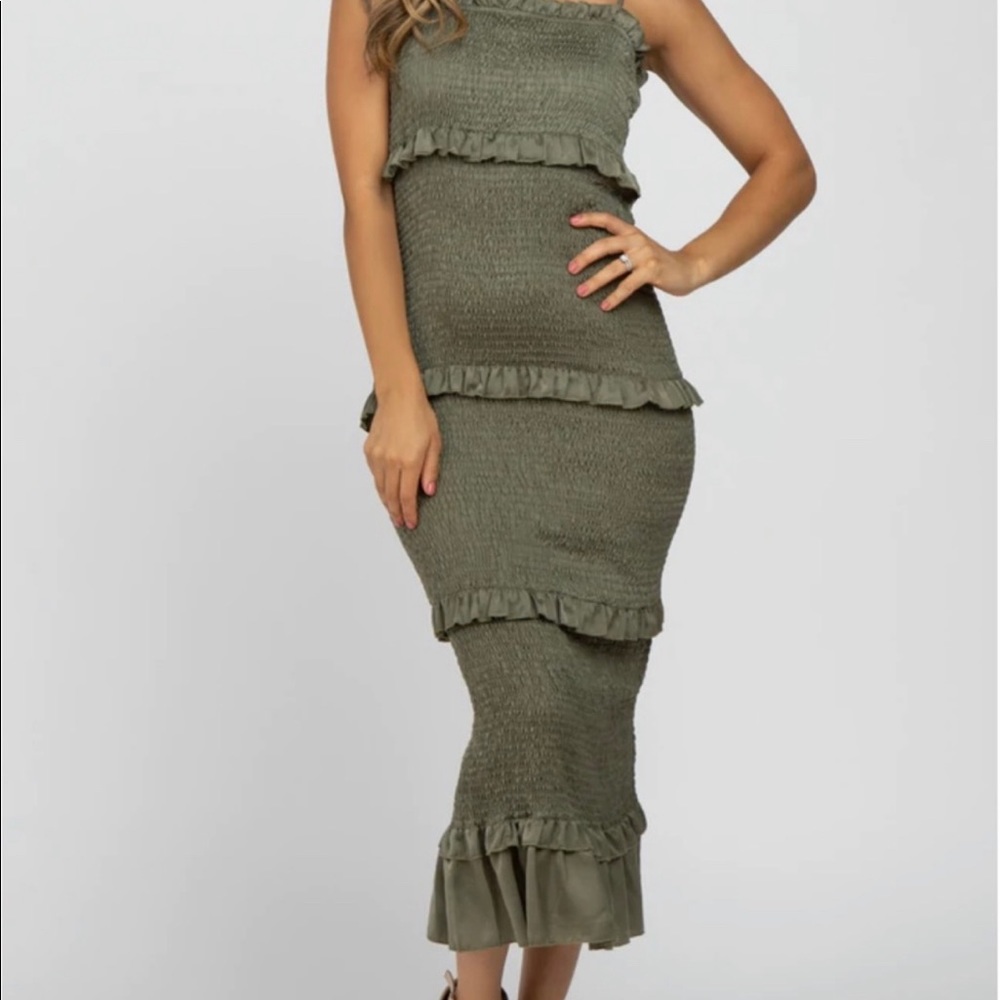 Olive Satin Smocked Fitted Maternity Midi Dress